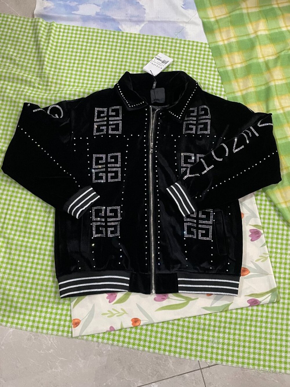 Givenchy Black Velvet Rhinestone-Embellished Baseball Jacket